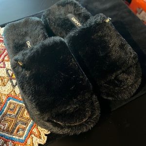 DKNY Women’s black fur slides! So beautiful and new, never used!